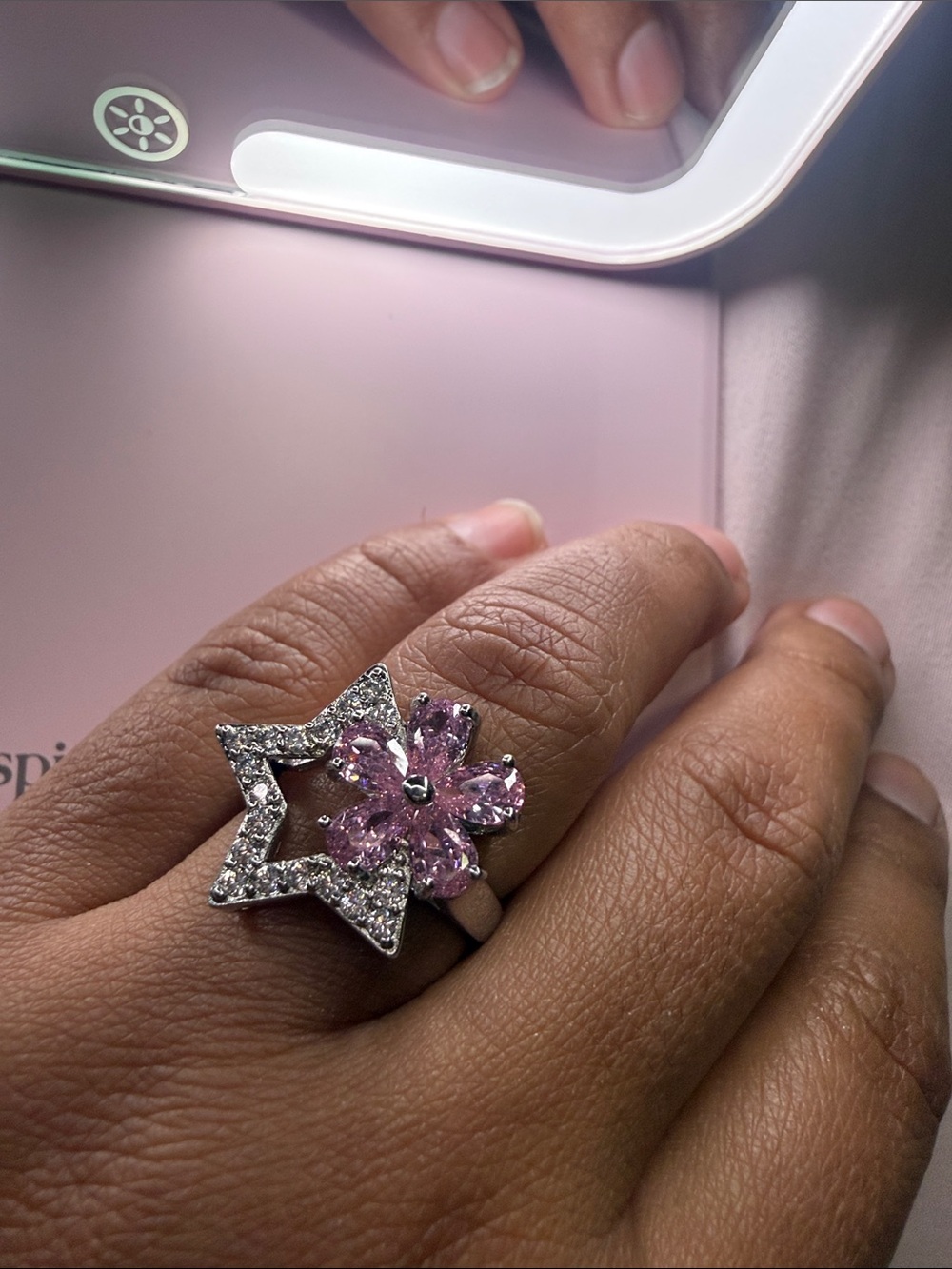 Silver tone Star & Pink Flower Ring - Women's Fashion Jewelry